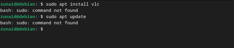 An example of the error sudo command not found on Debian Linux being displayed on the terminal