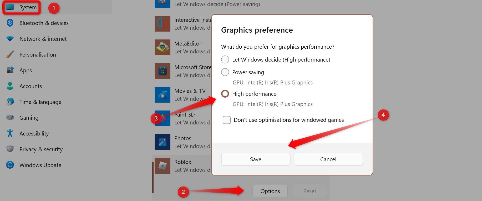 Changing the default GPU of a game in Windows settings.