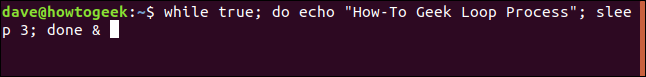 while true; do echo "How-To Geek Loop Process"; sleep 3; done & in a terminal window