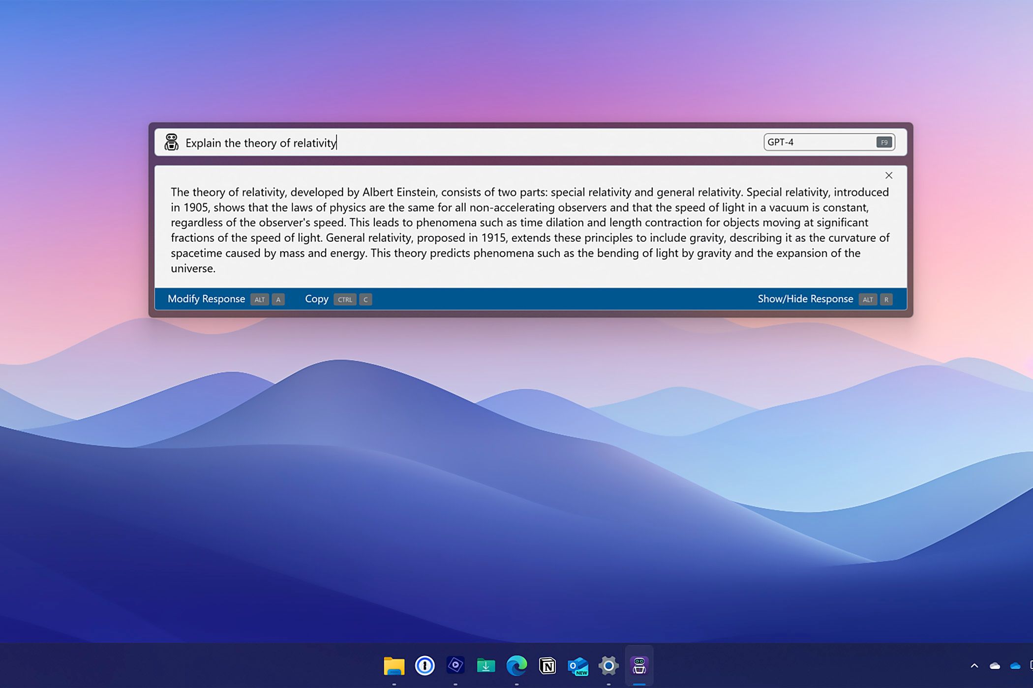 Using Stardock DesktopGPT to ask GPT-4 about the theory of relativity.