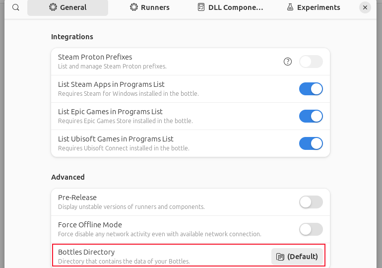 The "Bottles Directory" option in the General tab of the Prefrences dialog