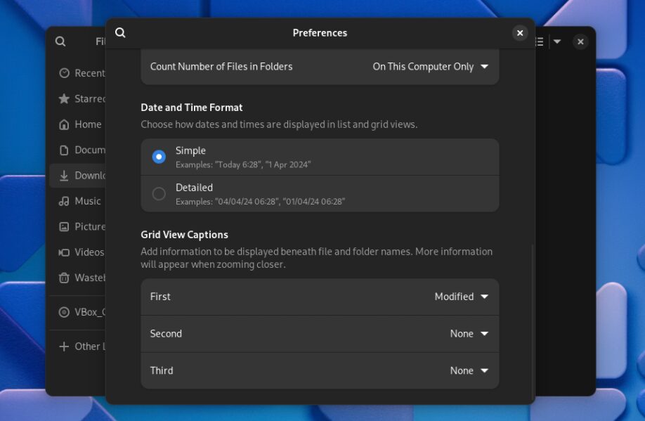 The Date and Time Format option in Files preferences