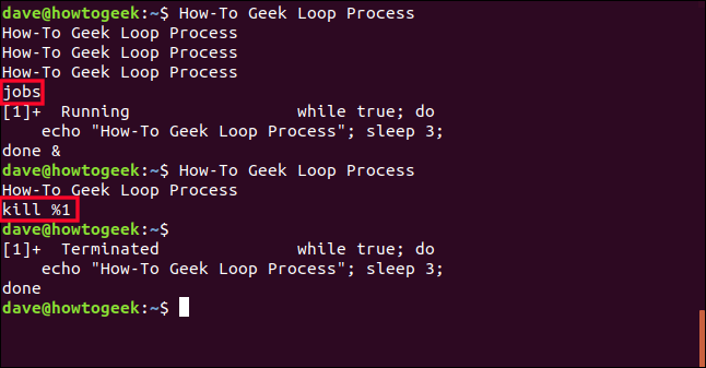 jobs and kill %1 in a terminal window