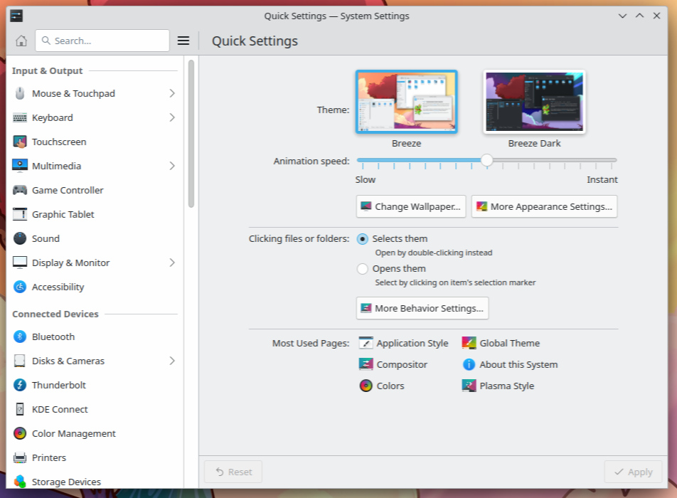 The KDE Plasma 6.0 Settings application open at the Quick Settings pane