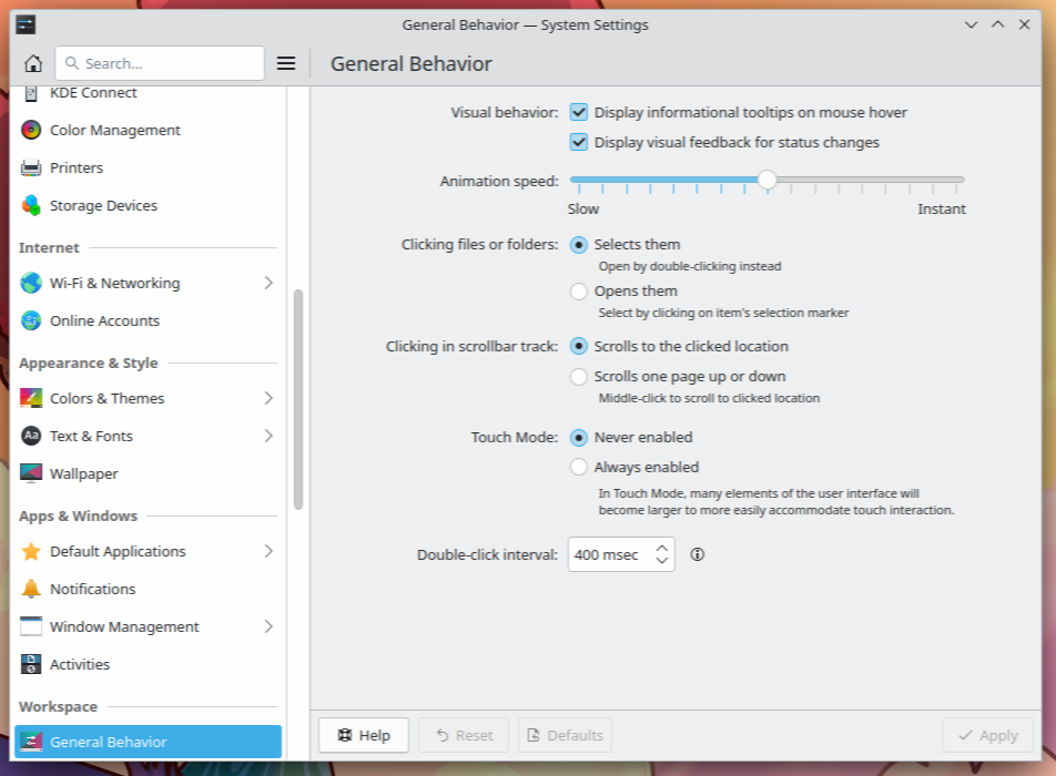 The KDE Plasma 6.0 System Settings application open on the General Behavior pane