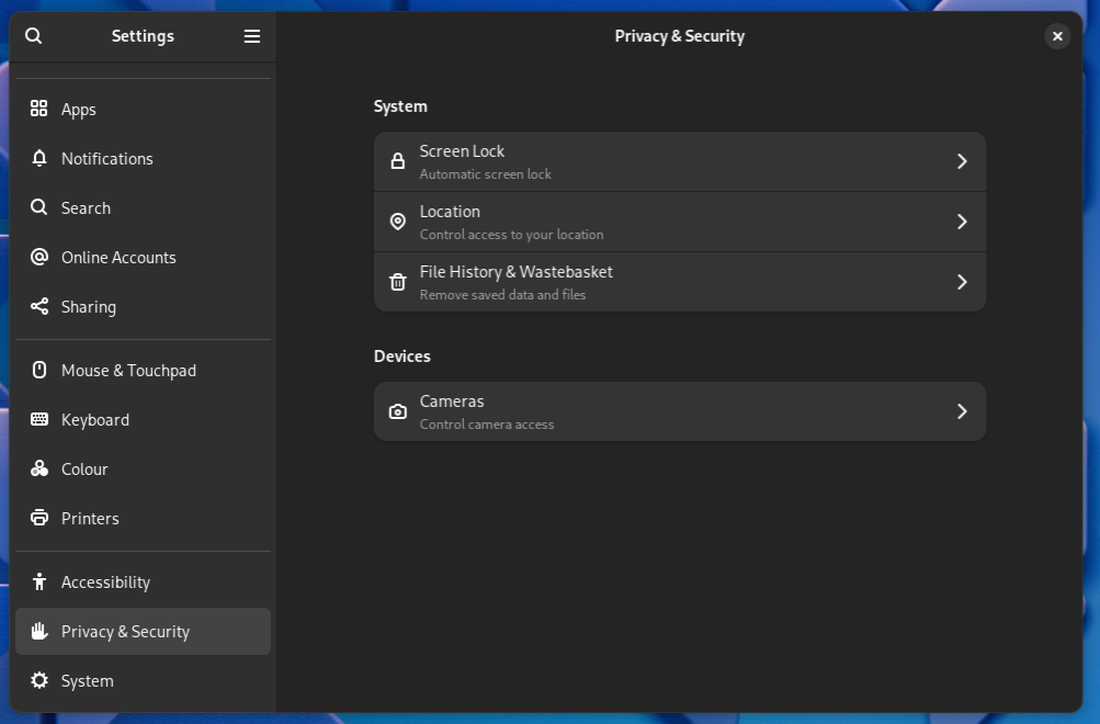 The Privacy and Security pane of the Settings app