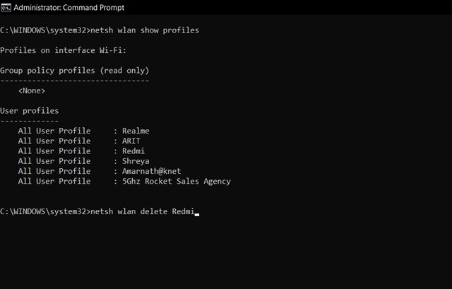 netsh wlan delete profile name='network name'