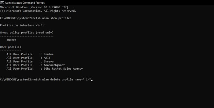 netsh wlan delete profile name=* i=*