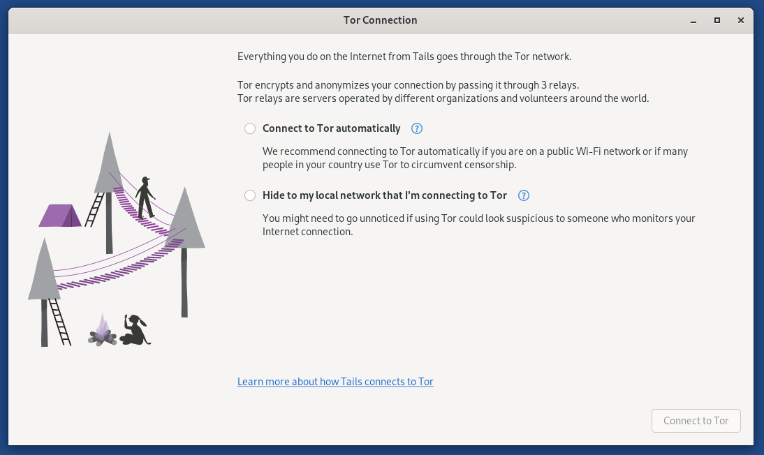 The Tails Tor Connection screen, awaiting user input