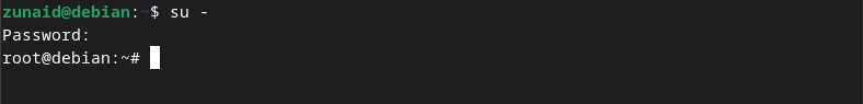 An example of becoming root user on Debian Linux using the su - command