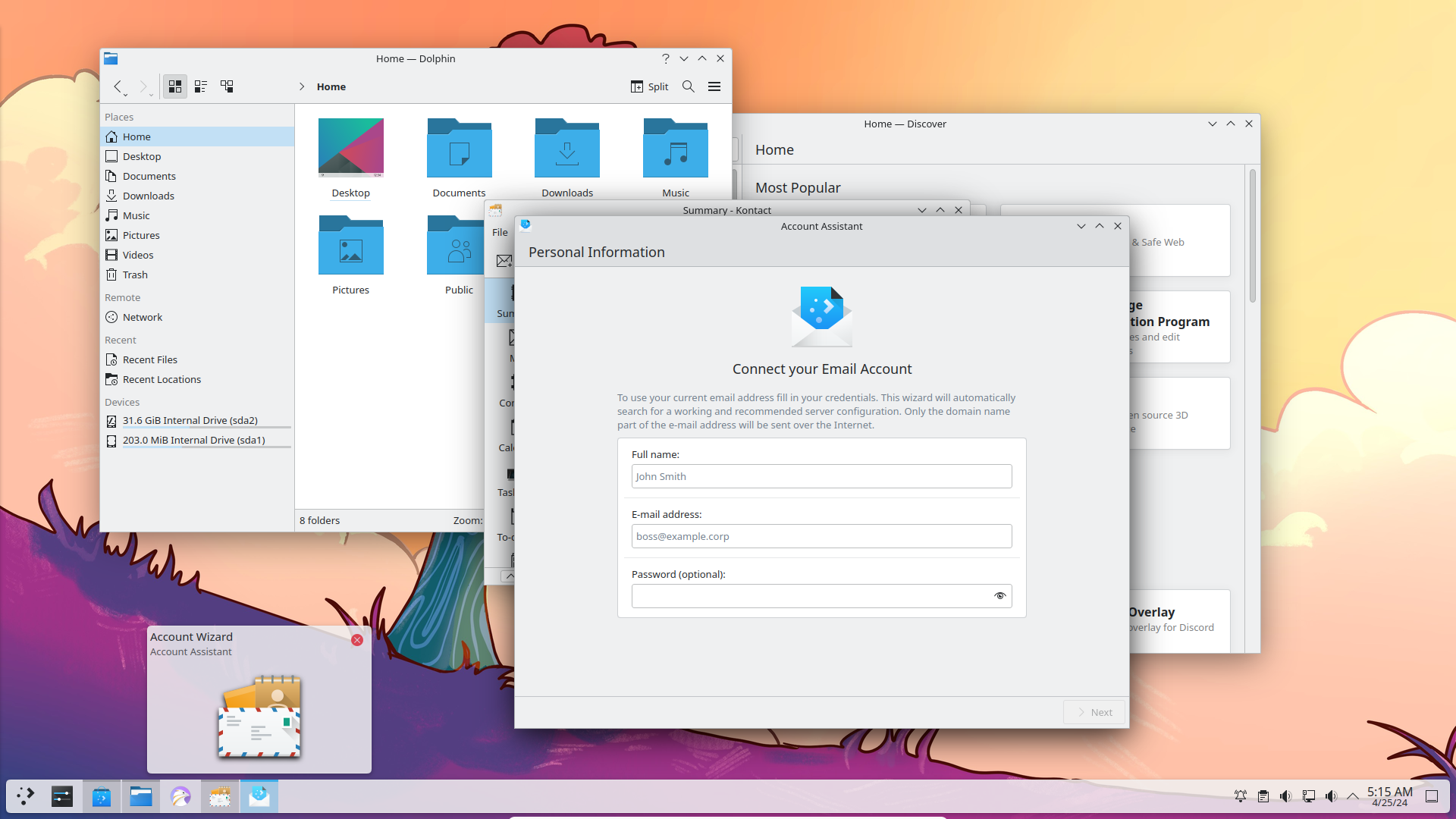 The KDE Plasma 6.0 desktop with several windows open and a panel thumbnail