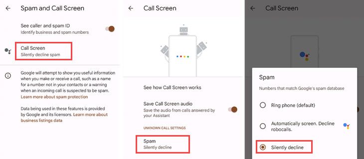 Pixel spam call settings.