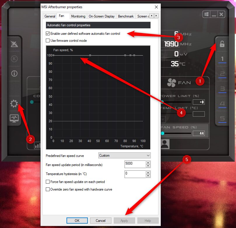 The GPU fan curve in MSI Afterburner with the fan speed set to 100% on all temperatures.