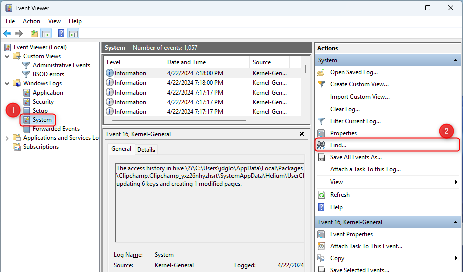 Windows 11 Event Viewer window with the System and Find options highlighted in red boxes.