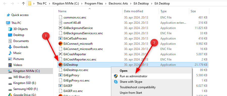 A screenshot showing how to run the EADesktop exe file as an administrator.