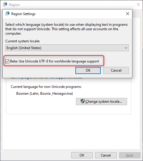 The Unicode UTF-8 for all worldwide languages opton being enabled in Windows.