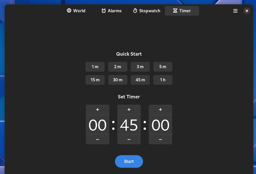 The preset timer values in the GNOME Clocks application