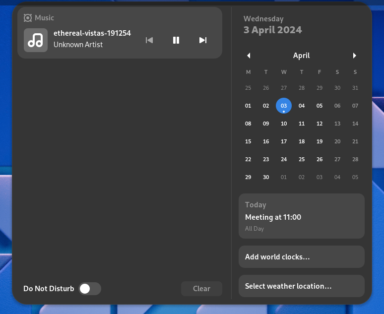 GNOME 46 notifications and calendar panel