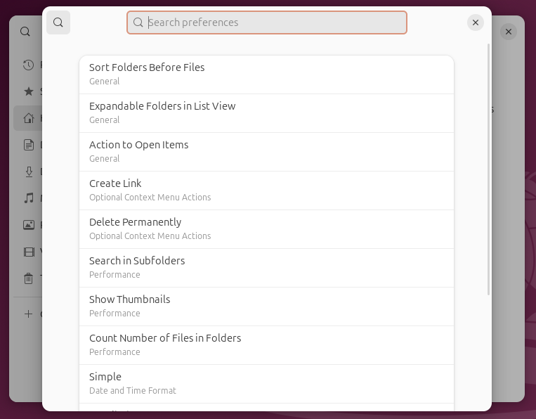 The search function in the Files file browser's Preferences screen