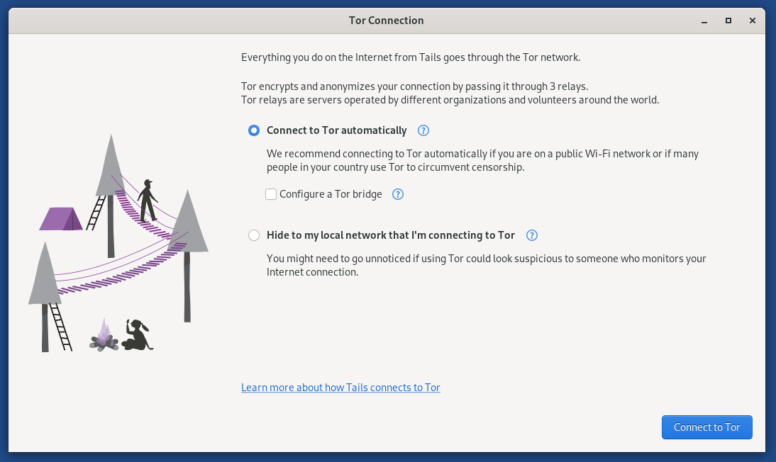 The Tails Tor Connection screen, with Connect to Tor Automically selected