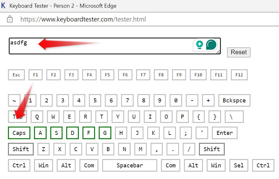 Keyboard tester typing letters in lowercase with Caps Lock off.