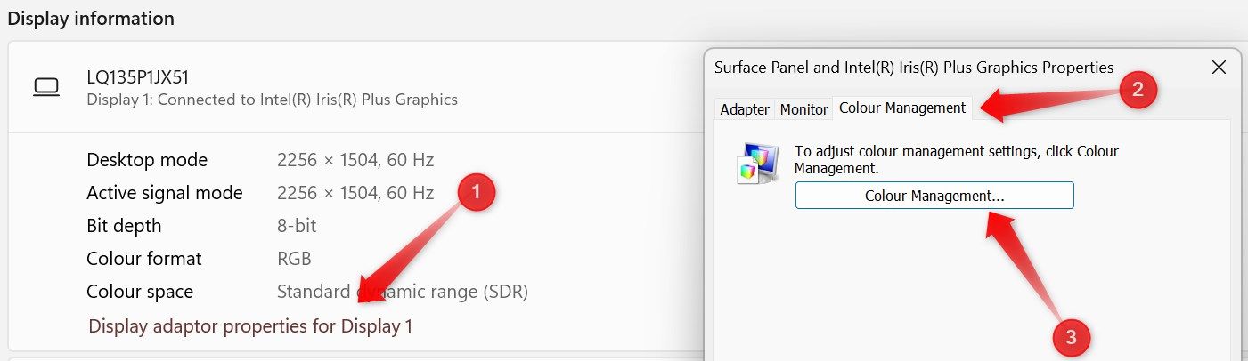 Opening the color management settings in the display settings of Windows.