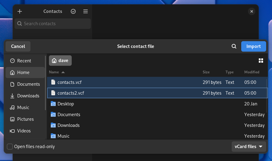 Importing multiple VCards into GNOME Contacts