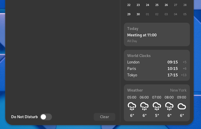 GNOME World Clocks and Weather panels, once configured