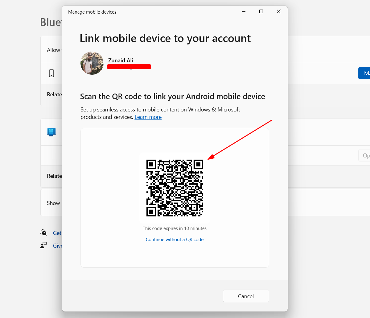 You are given a QR code for connecting your mobile device to your Windows PC