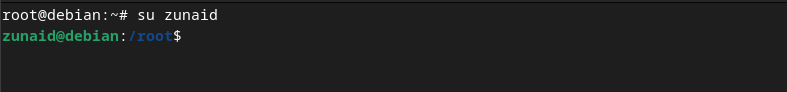 The Linux terminal demonstrating the process of switching between users on Debian using commands