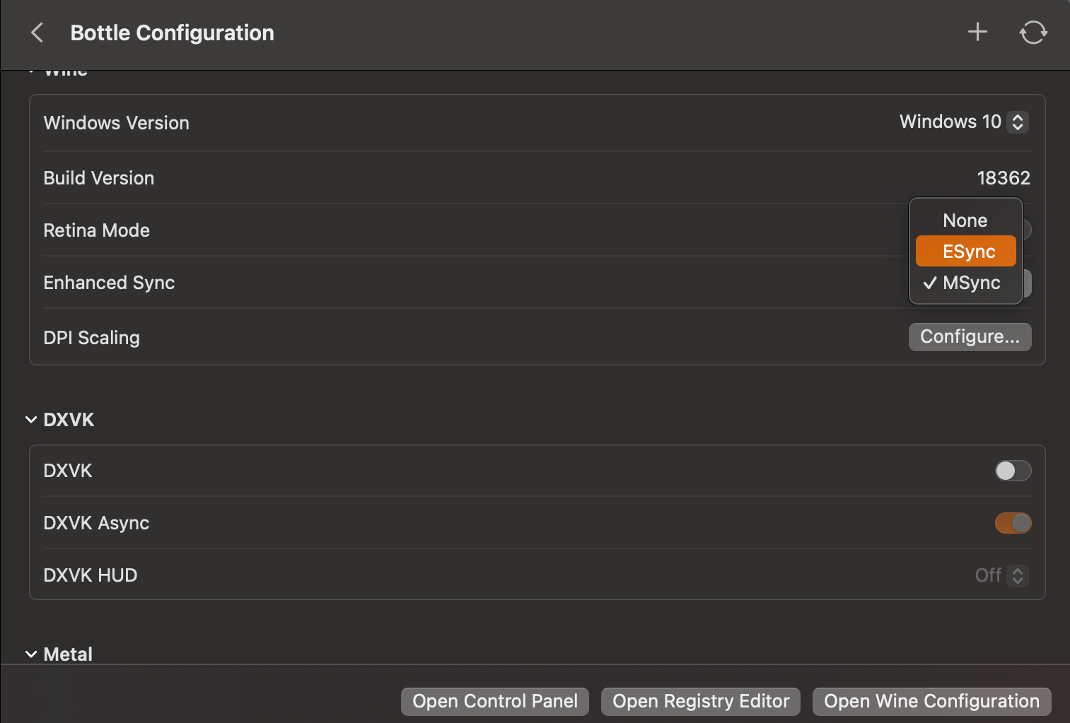 The Enhanced Sync settings under the 'Bottle Configuration' menu within Whisky.