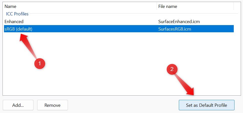 Making a newly created color profile default in the color management settings on Windows.