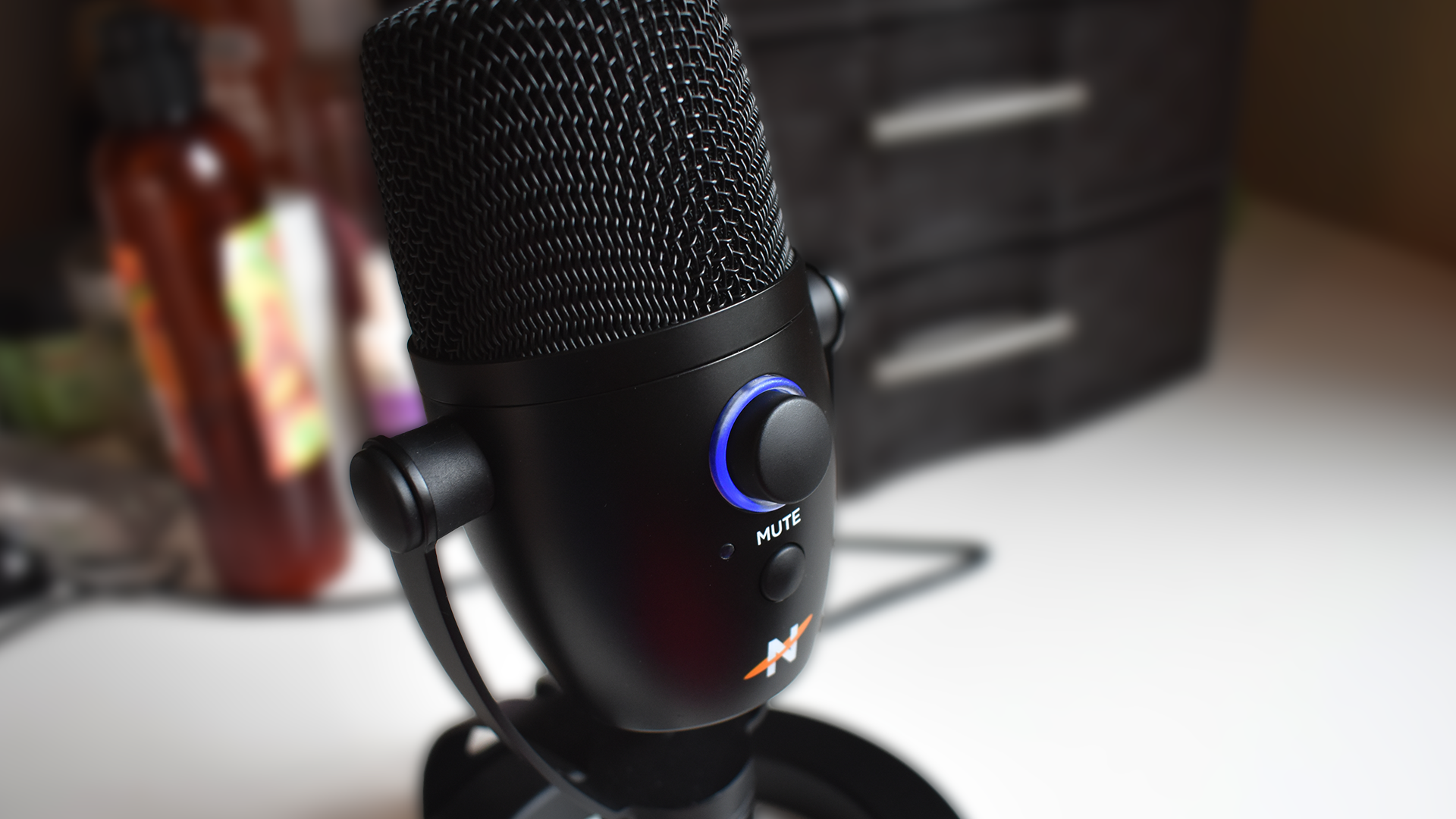 A microphone on a table.