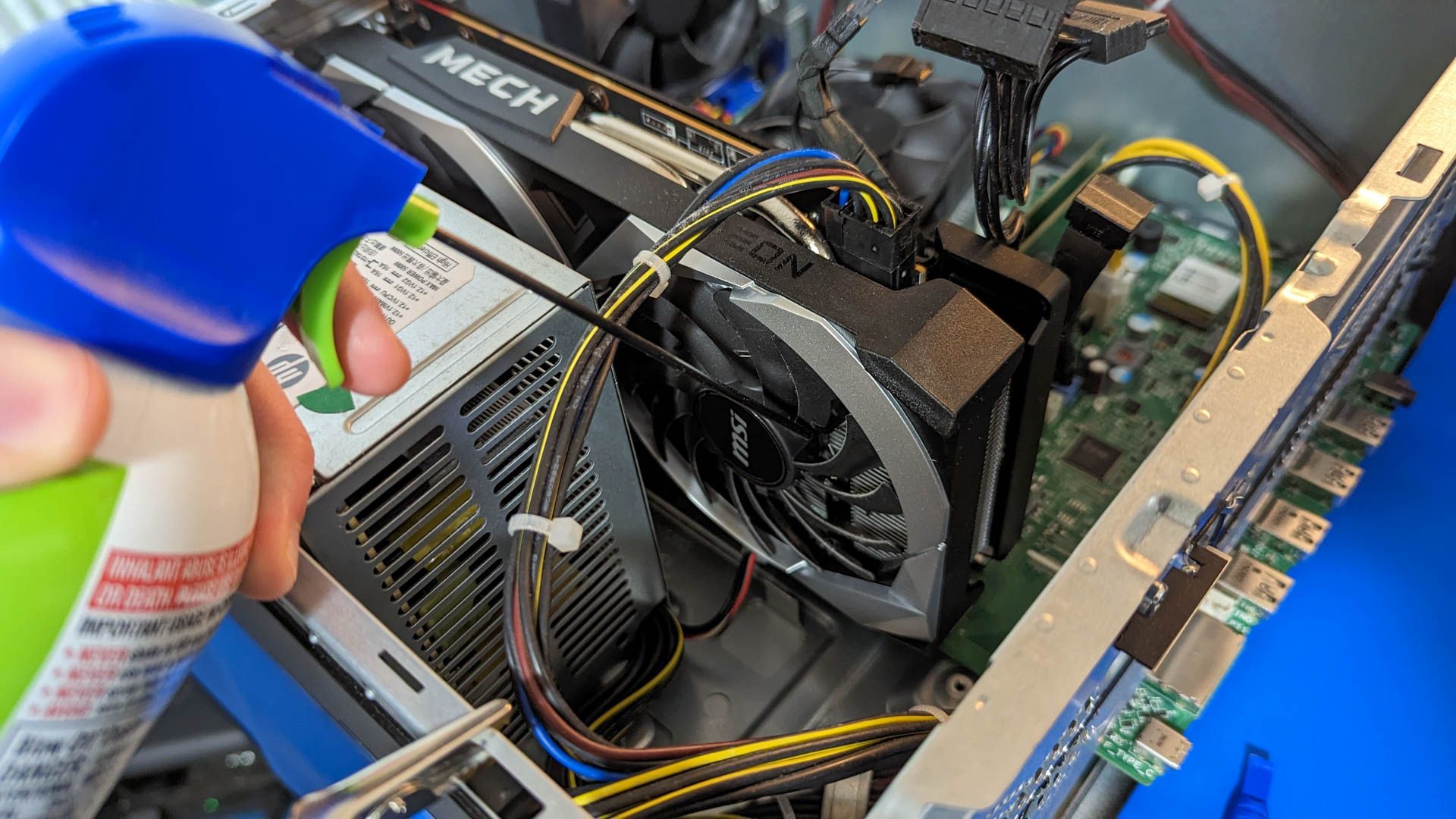 A GPU in a PC being blown out.