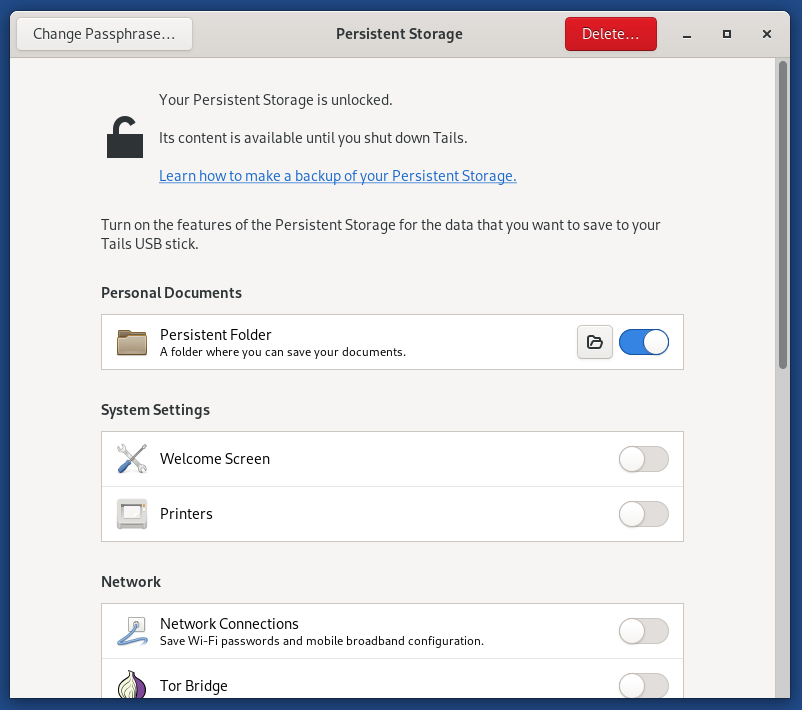 The Tails Linux Persistent Storage configuration dialog