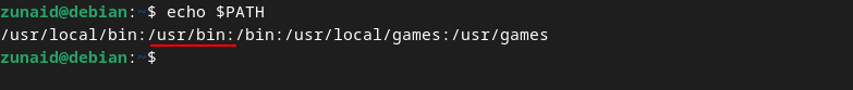 The Linux terminal displaying the PATH variable content on Debian
