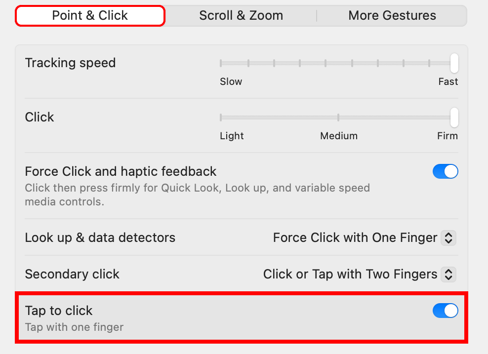 macOS System Settings with the Tap to Click trackpad feature enabled.