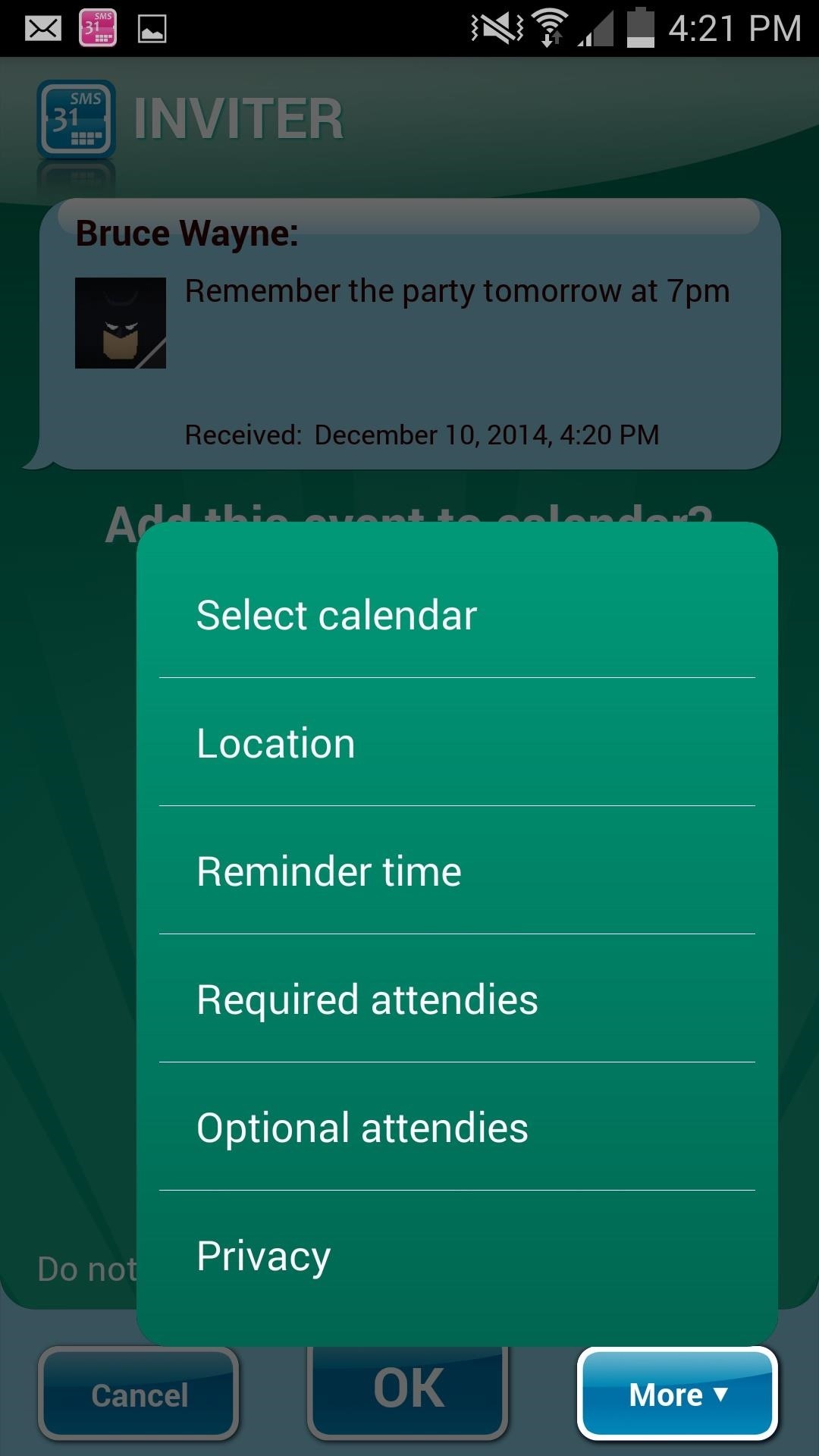 Automatically Create Calendar Events from Incoming Text Messages on Android