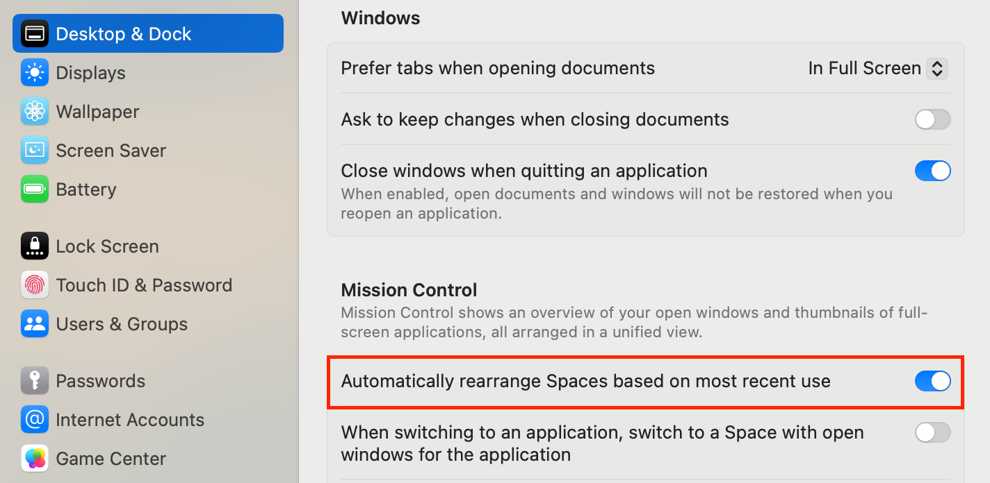 Automatically rearange Spaces option in macOS.