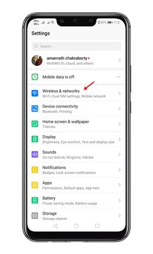 tap on the 'Wireless & Networks'