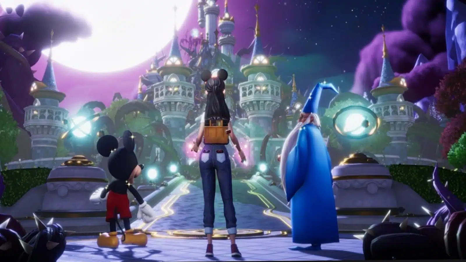 A character with black hair and a backpack stands facing a fantastical castle alongside animated characters Mickey Mouse and a wizard with a blue hat and robes, under a purple sky.