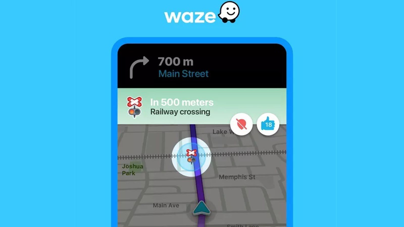 Waze app showing a railway crossing alert.