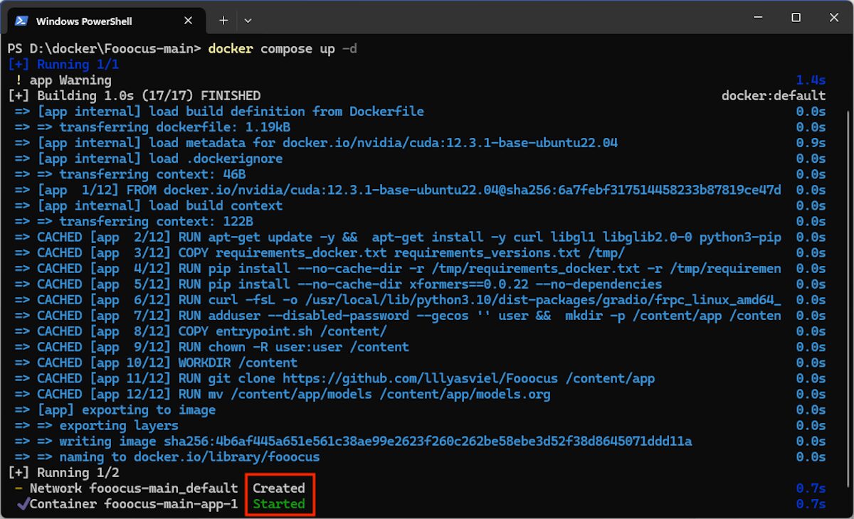 Terminal output showing the Fooocus Docker container has started successfully