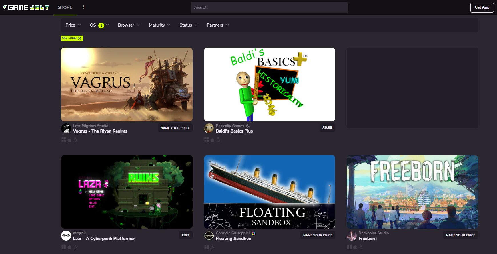 Gamejolt store page displaying a list of top games for Linux