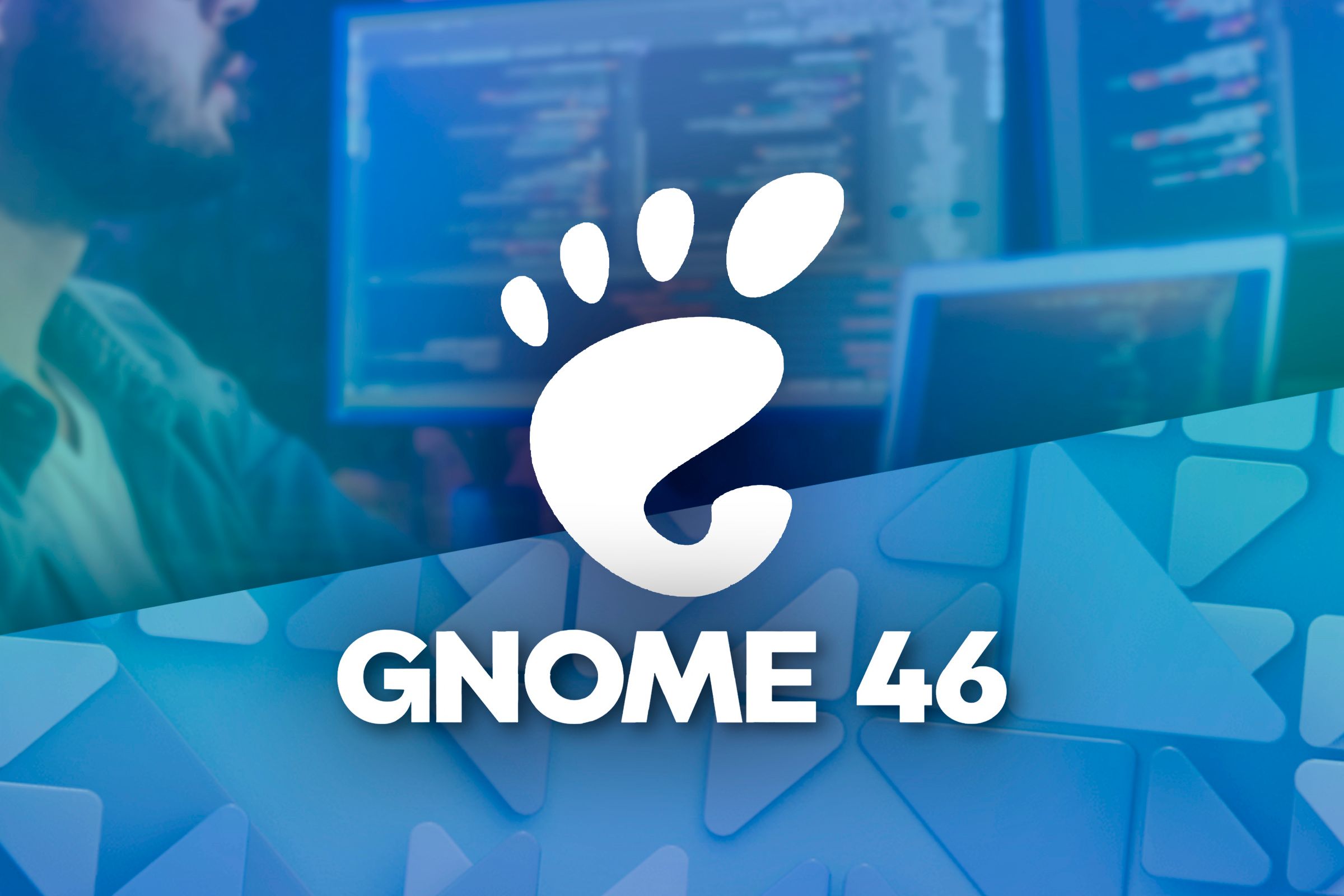 Gnome 46 logo in the center and a split background image, with the top part showing a man looking at some monitors, and the bottom part, the default gnome wallpaper