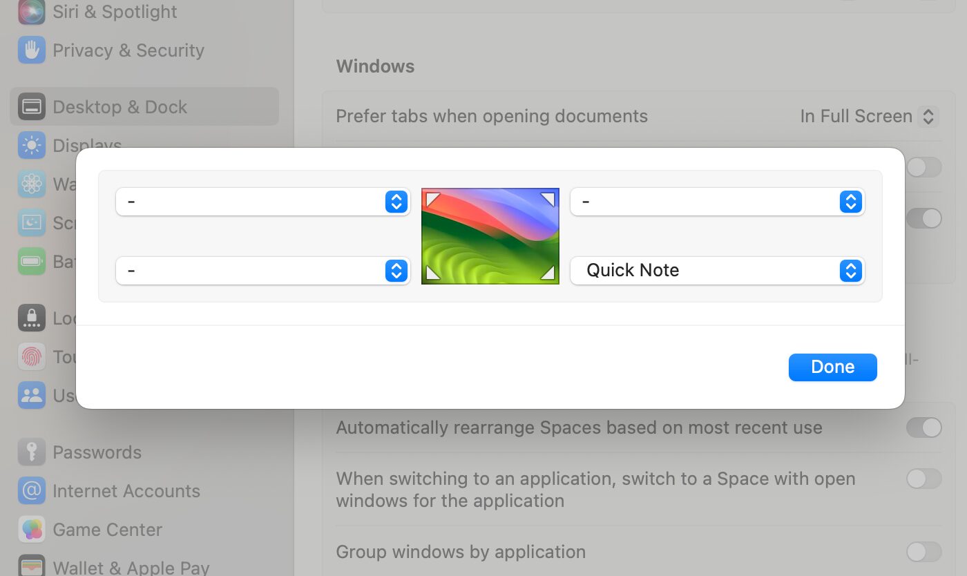 Hot Corner options with Quick Note enabled in macOS System Settings.