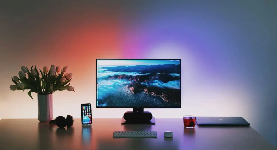 computer monitor on a desk with contrasting colored lighting on the wall behind