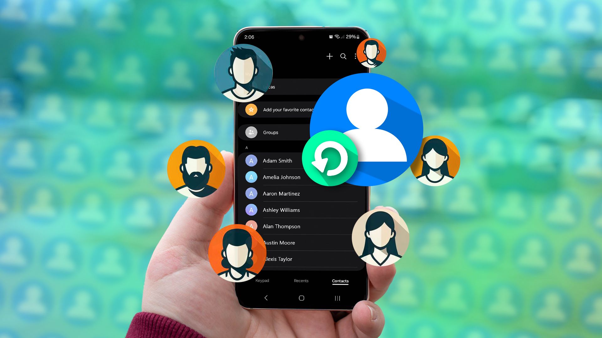 A hand holding a phone on the contacts screen and a contact recovery icon with some profile icons around it.
