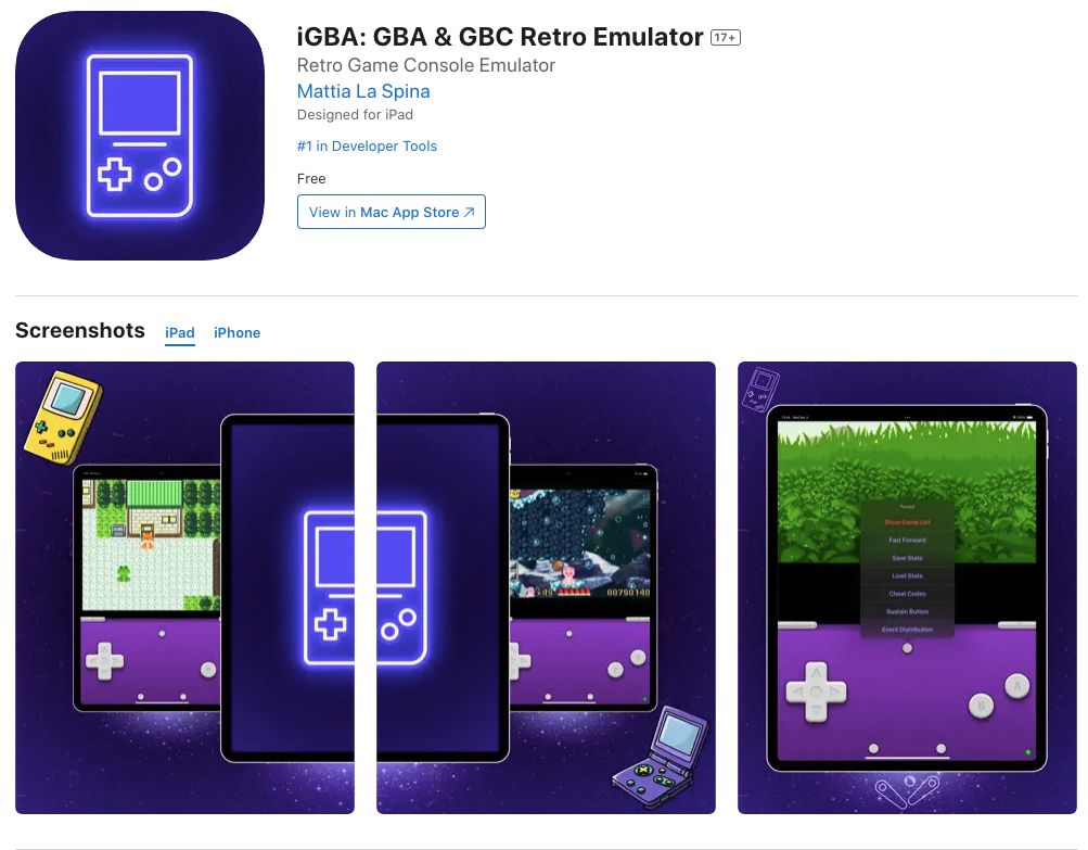 Screenshot of iGBA in the App Store, with screenshots on an iPhone and iPad of a Pokemon game running.