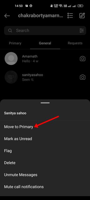 move the conversation to 'Primary' from 'General'